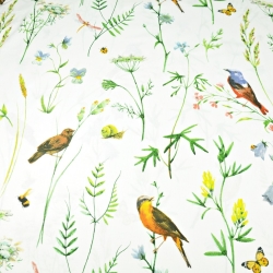 Baumwolle 100% große Wiese mit Vögeln auf weißem Hintergrund  