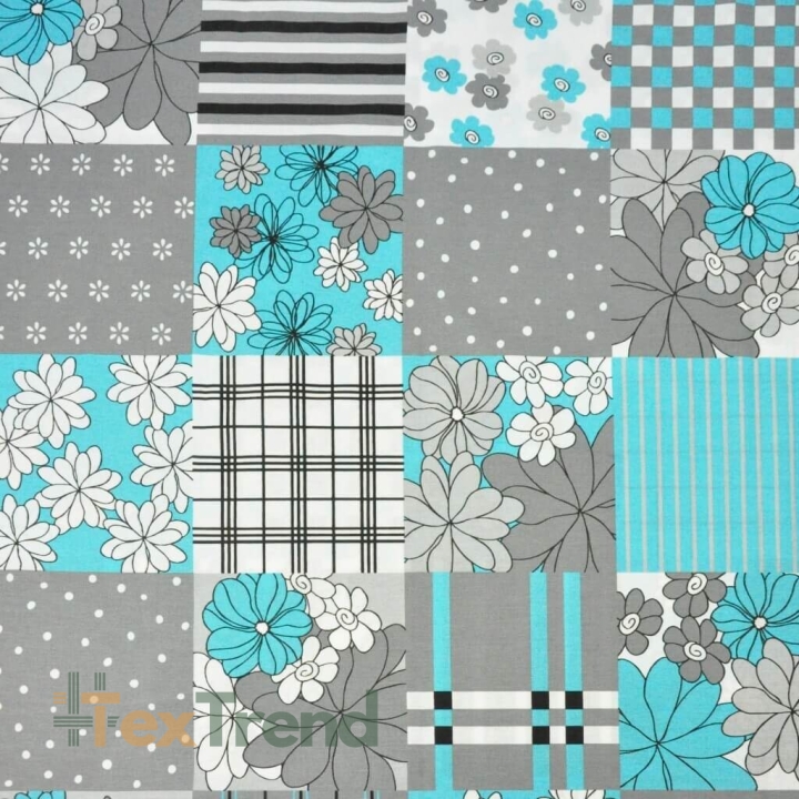 Baumwolle 100% Patchwork mit Blumen in weiß, grau und türkis  