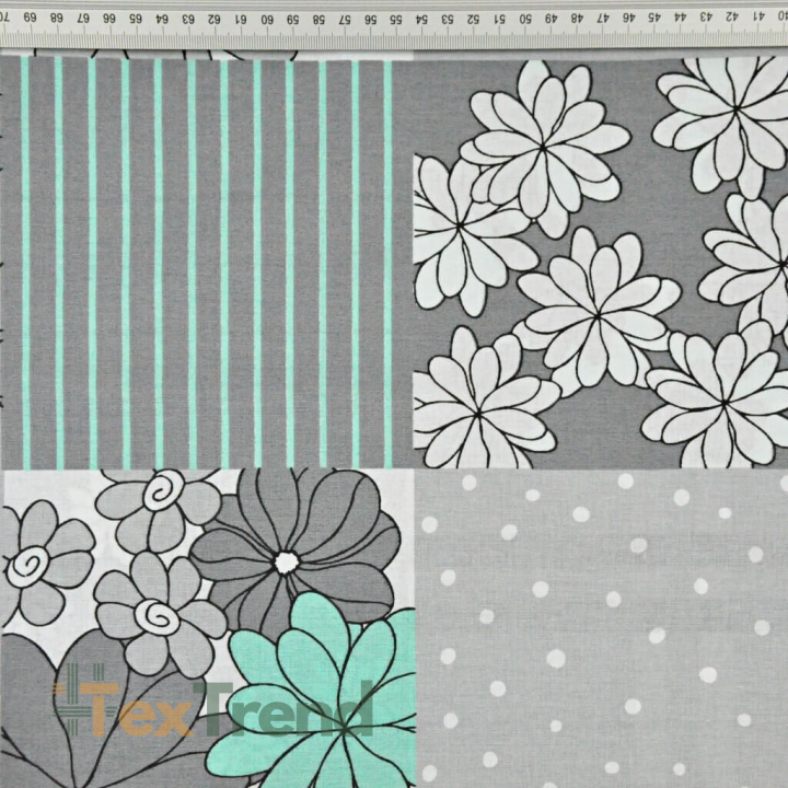 Baumwolle 100% Patchwork mit Blumen in weiß, grau und mintgrün  