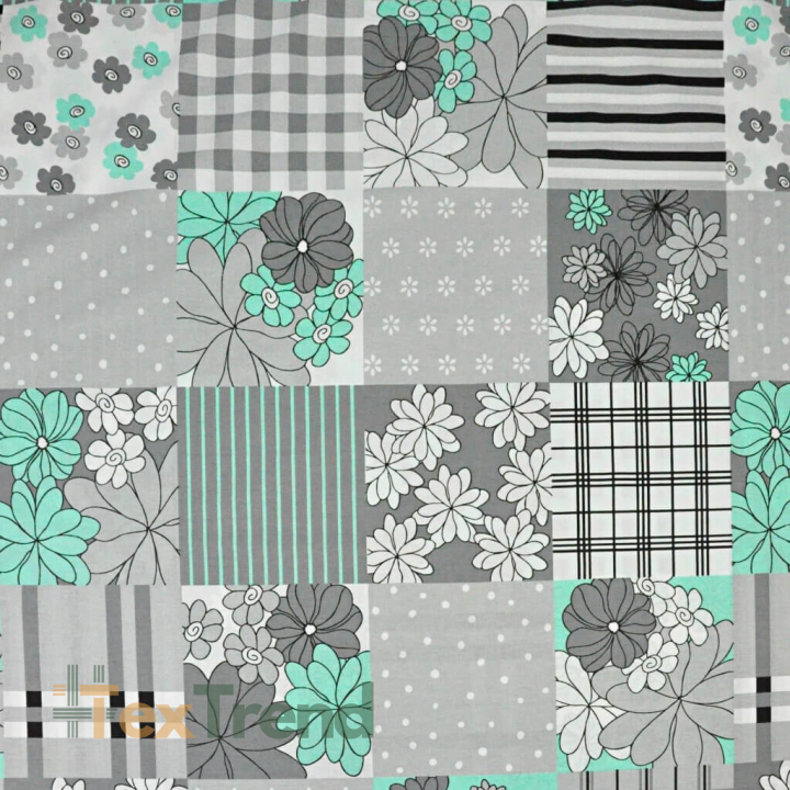 Baumwolle 100% Patchwork mit Blumen in weiß, grau und mintgrün  