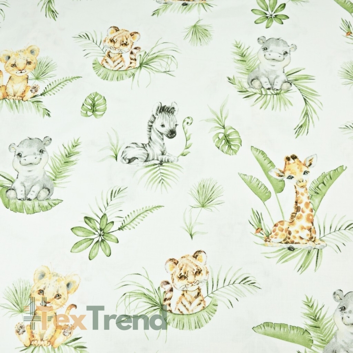 Baumwolle 100% afrikanische Tiere auf tropischen Blättern auf weißem Hintergrund  