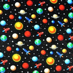 Baumwolle 100% bunte Planeten auf schwarzem Hintergrund  