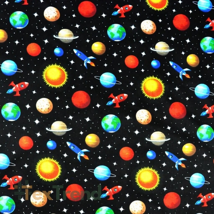 Baumwolle 100% bunte Planeten auf schwarzem Hintergrund  