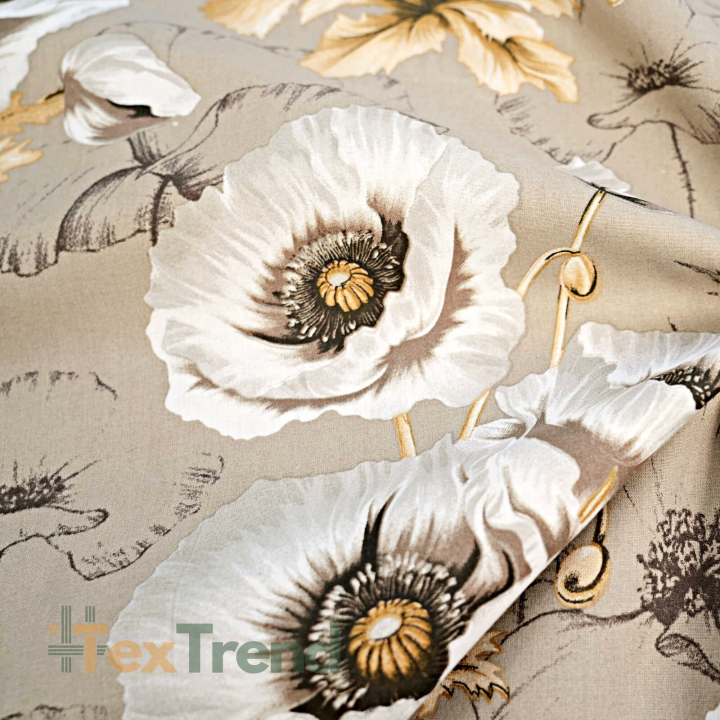 100% Baumwolle große Mohnblumen auf beige Hintergrund - 220 cm  