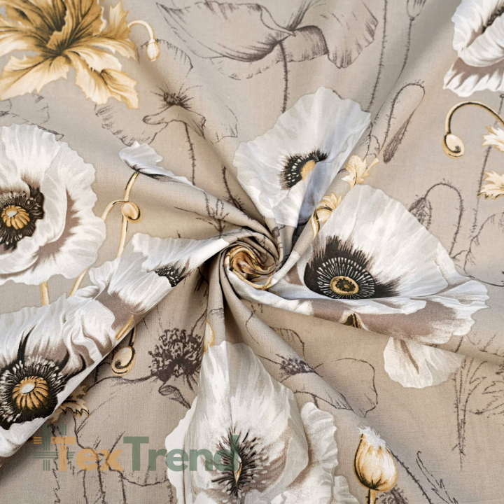 100% Baumwolle große Mohnblumen auf beige Hintergrund - 220 cm  