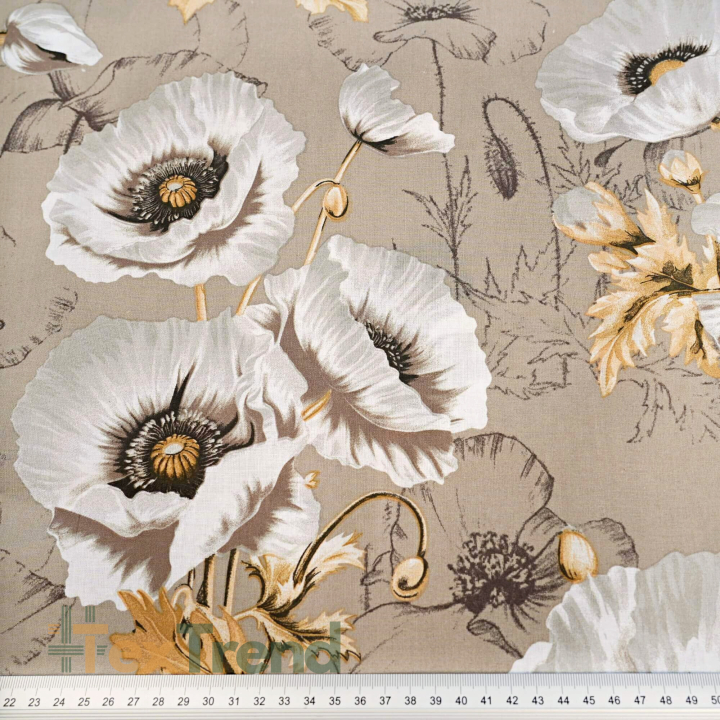 100% Baumwolle große Mohnblumen auf beige Hintergrund - 220 cm  