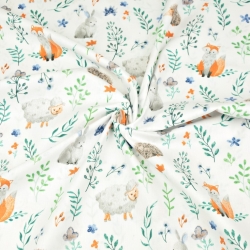 Baumwolle 100% Tiere mit Zweigen blau auf weißem Hintergrund  