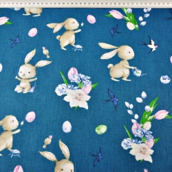 Baumwolle 100% Osterhasen mit Blumen auf smaragdgrünem Hintergrund  