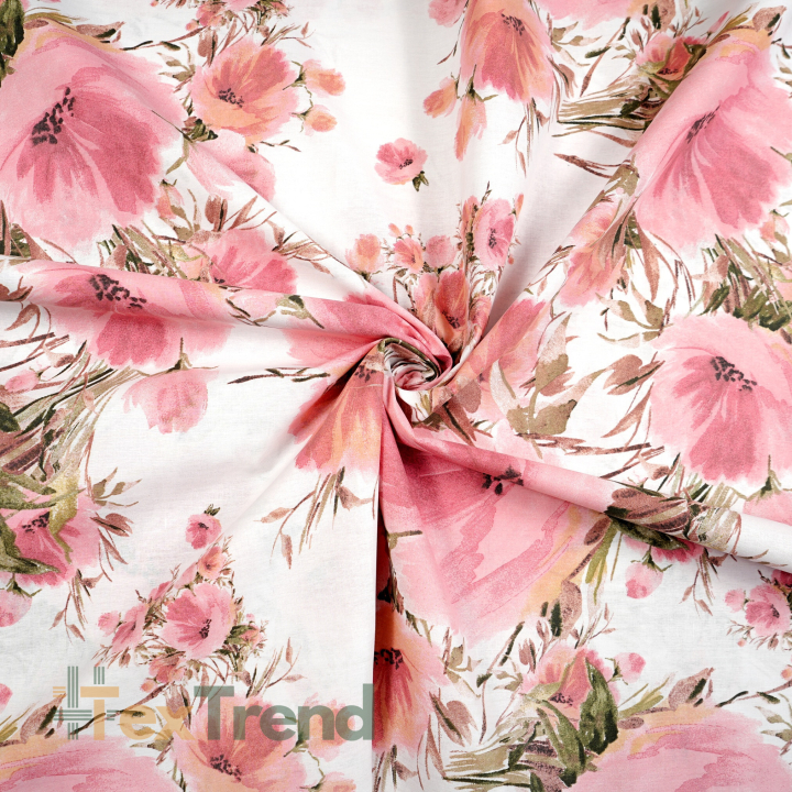 Bawełna 100% kwiaty maki duże różowe na białym tle