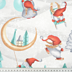 Baumwolle 100% weihnachtliches Muster Wichtel mit Mond rot-mint auf grauem Hintergrund  