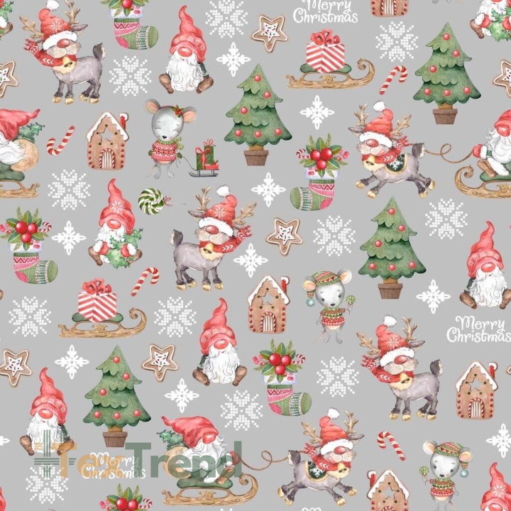 Baumwolle 100% Weihnachtsmuster Wichtel mit Mäusen auf grauem Hintergrund  