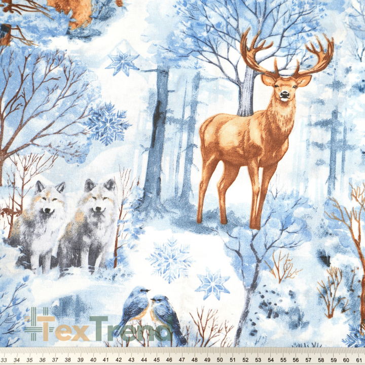 Baumwolle 100% Winterwald blau mit Tieren  
