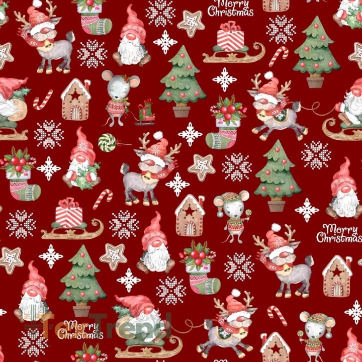 Baumwolle 100% Weihnachtsmuster Wichtel mit Mäusen auf rotem Hintergrund  