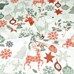 Baumwolle 100% Weihnachtsmuster Rehe mit Tannenbäumen auf weißem Hintergrund  