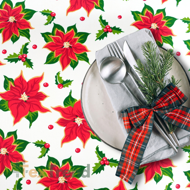 Tischdeckenstoff fleckenabweisend weihnachtliches Muster goldene Weihnachtsstern - Leinenmuster  