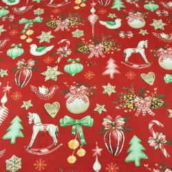 Baumwolle 100% Weihnachtsmuster Dekorationen RETRO auf rotem Hintergrund  