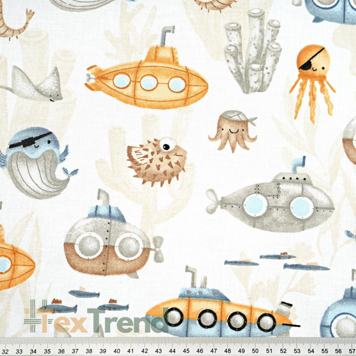 Baumwolle 100% maritimes Muster U-Boot gelb-beige auf weißem Hintergrund