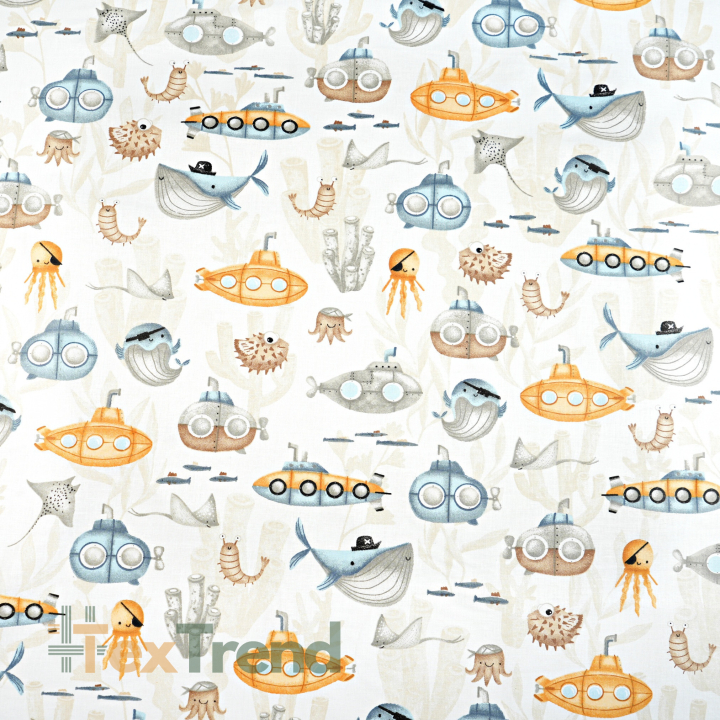 Baumwolle 100% maritimes Muster U-Boot gelb-beige auf weißem Hintergrund