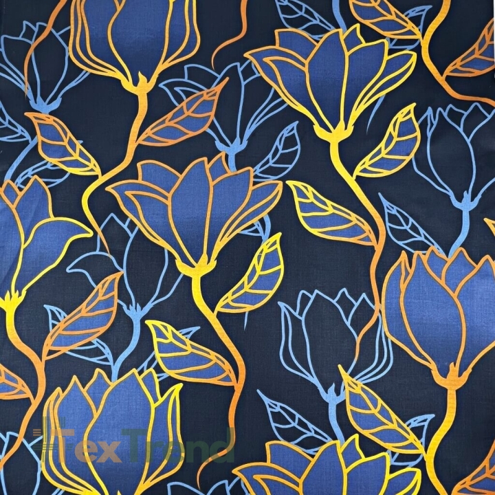 Baumwolle 100% Blumen Konturen blau-orange - 220 cm  