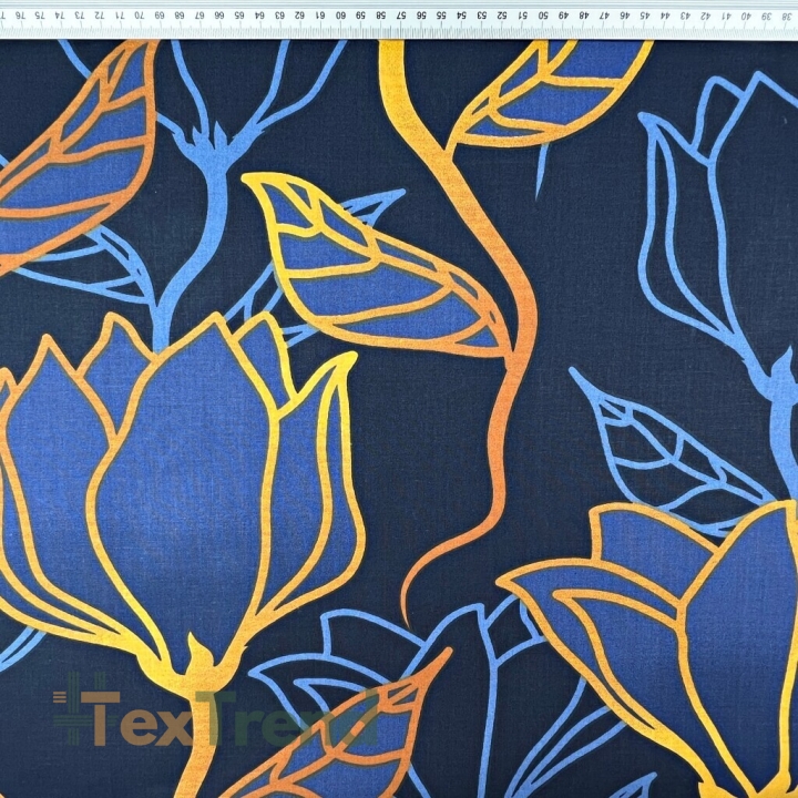 Baumwolle 100% Blumen Konturen blau-orange - 220 cm  
