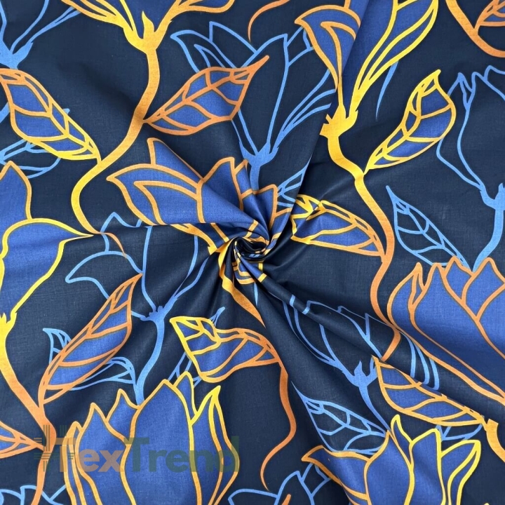 Baumwolle 100% Blumen Konturen blau-orange - 220 cm  