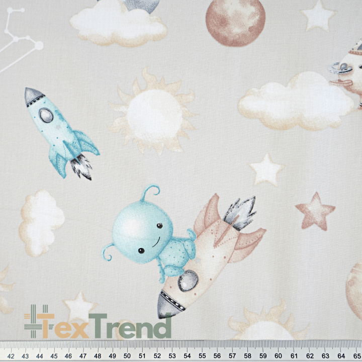 Bawełna 100% kosmos UFO na szaro beżowym tle