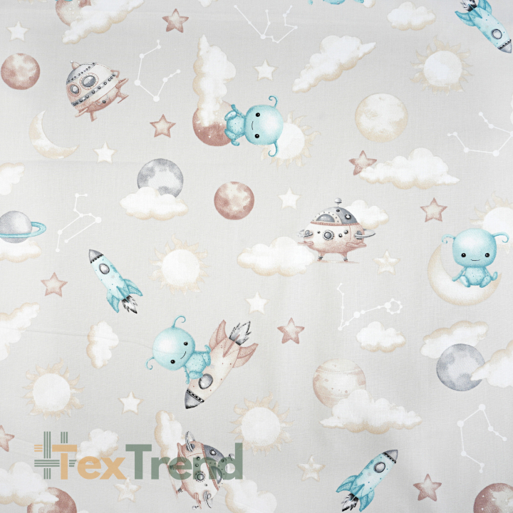 Bawełna 100% kosmos UFO na szaro beżowym tle