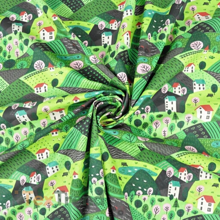 Baumwolle 100% Häuschen auf grüner Wiese