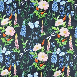 Baumwolle 100% Wiese mit Lupinen auf dunkelblauem Hintergrund  