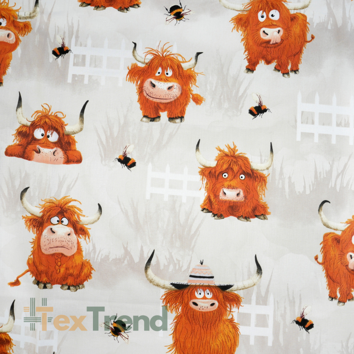 Bawełna 100% zwierzęta krowy na beżowym tle