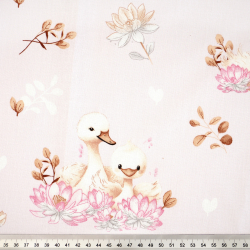 Bawełna 100% ptaki łabędzie w liliach na różowym tle