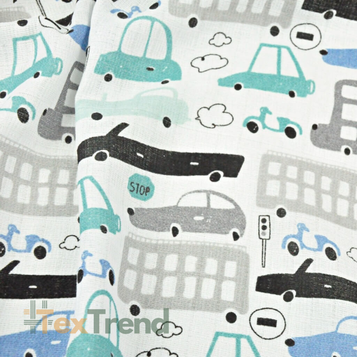 Baumwolle Tetra Autos grau-türkis auf weißem Hintergrund  