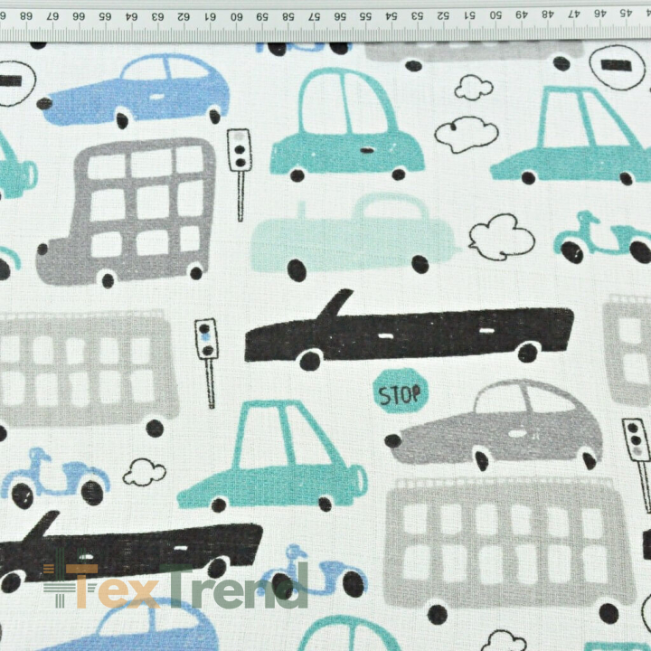 Baumwolle Tetra Autos grau-türkis auf weißem Hintergrund  