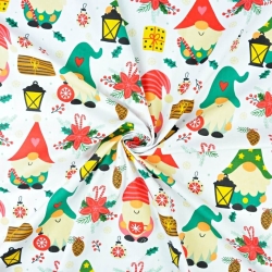 Baumwolle 100% Weihnachtsmuster mit bunten Wichteln und Laternen auf weißem Hintergrund  