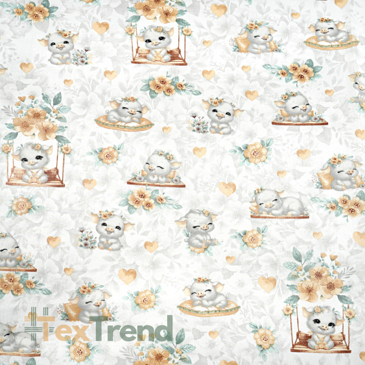 Bawełna 100% zwierzątka świnki szaro beżowe