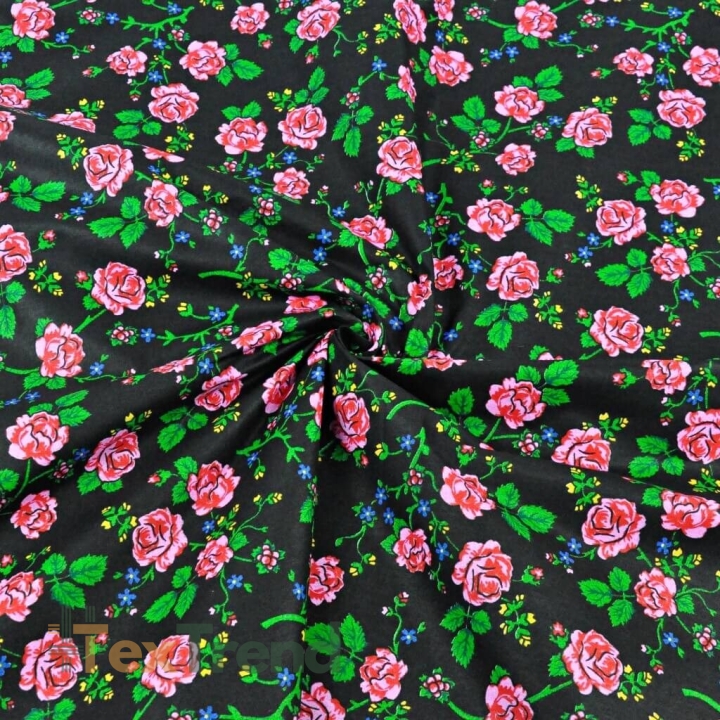 Baumwolle 100% Krakauer Muster Rosen auf schwarz  