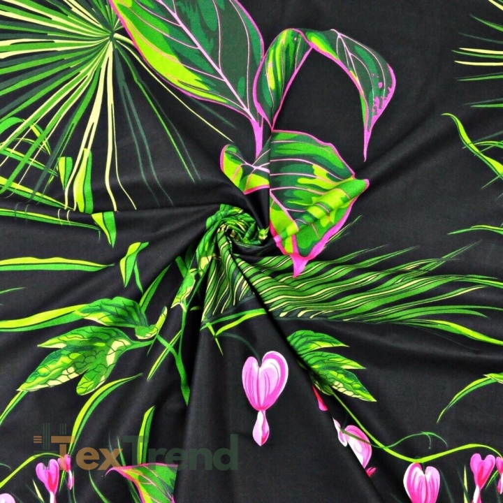 Baumwolle 100% Herzchenblumen rosa mit grünen Blättern auf schwarzem Hintergrund  