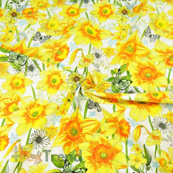 Baumwolle 100% Narzissen auf weißem Hintergrund - 220 cm  