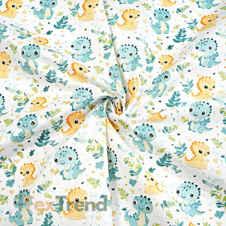 Bawełna 100% dinozaury baby na łące miętowo żółte