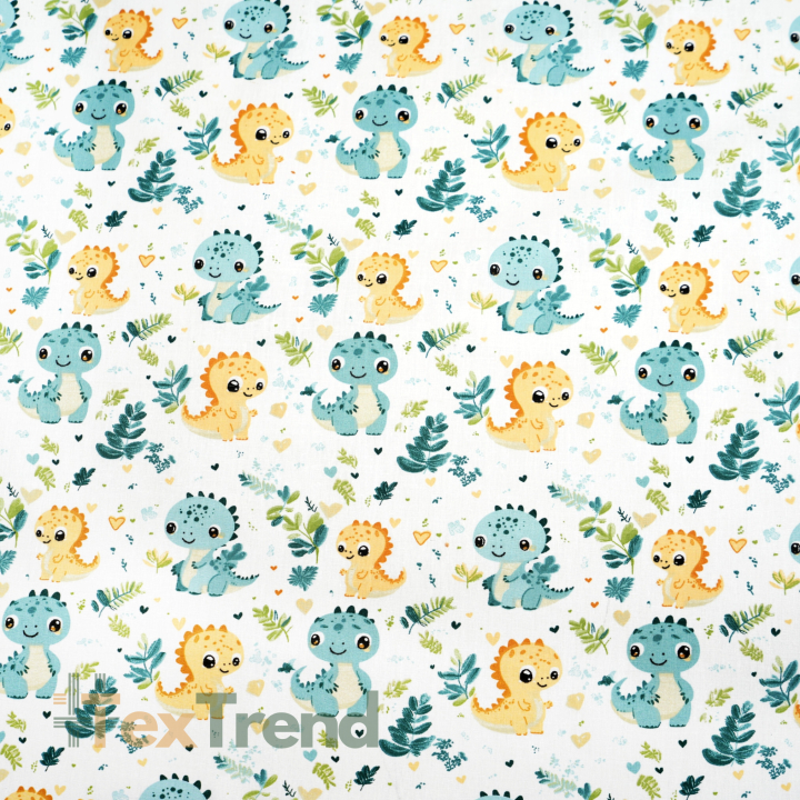 Bawełna 100% dinozaury baby na łące miętowo żółte