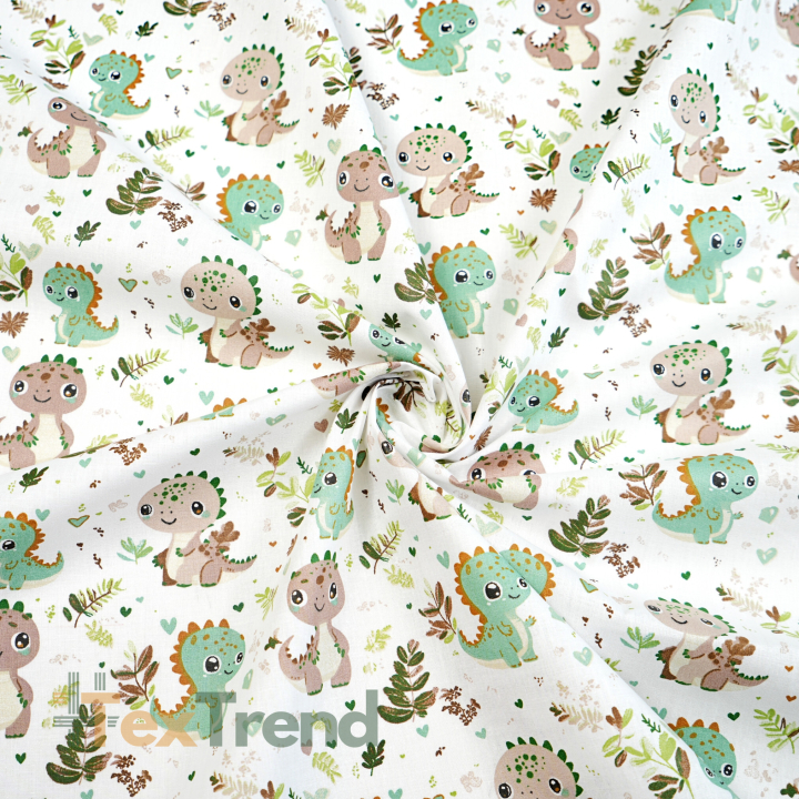 Bawełna 100% dinozaury baby na łące brązowo zielone