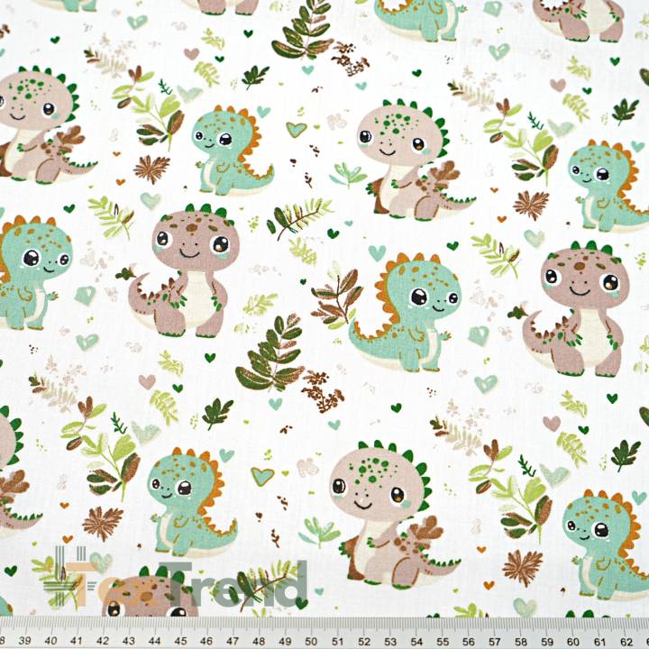 Bawełna 100% dinozaury baby na łące brązowo zielone