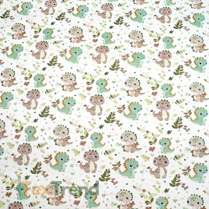 Bawełna 100% dinozaury baby na łące brązowo zielone