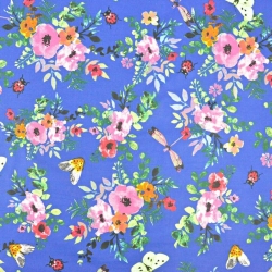 Baumwolle 100% Mohnblumen bunt mit Insekten auf saphirblauem Hintergrund  