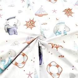 Baumwolle 100% Elefantenmatrosen in blau auf weißem Hintergrund  