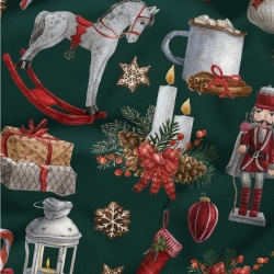 Baumwolle 100% Weihnachtsmuster Nussknacker auf dunkelgrünem Hintergrund  