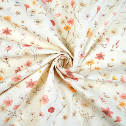 Bawełna 100% kwiatuszki i rumianki czerwone na ecru tle