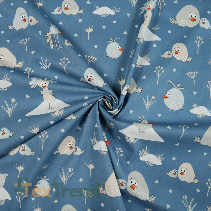 Bawełna 100% ptaszki dodo na jeansowym tle