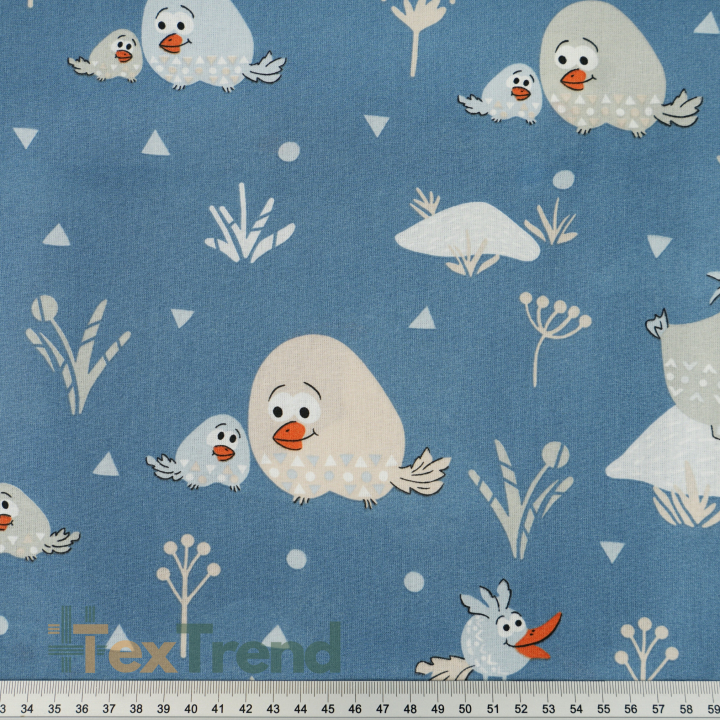 Bawełna 100% ptaszki dodo na jeansowym tle