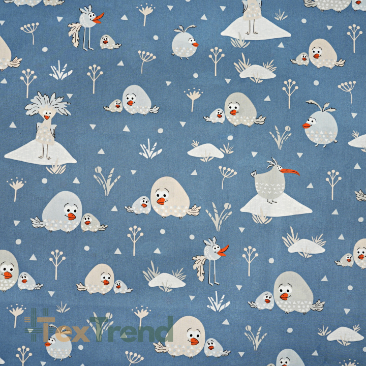 Bawełna 100% ptaszki dodo na jeansowym tle